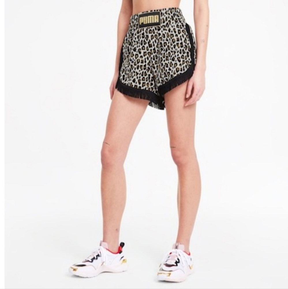 Puma Leopard Print Athletic Shorts Tan Black